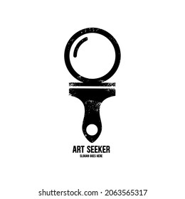 magnifying glass logo and paint brush. vector illustration of a combination of brush handles with a magnifying glass. suitable for initial logos for art seekers