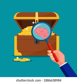 A Magnifying Glass To Look At The Brain In The Treasure Chest. The Brain Concept Is A Treasure