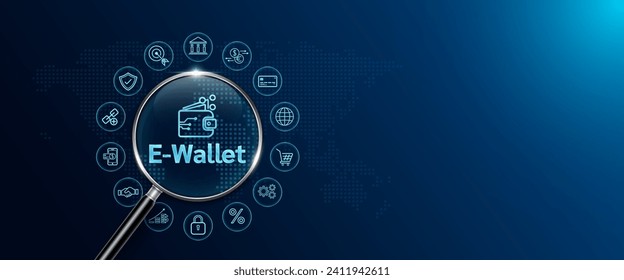 Magnifying glass look E Wallet and icon shopping, banking, exchange around. Digital wallet app. Online payment security and transaction planning business financial. Space for text. Banner vector.