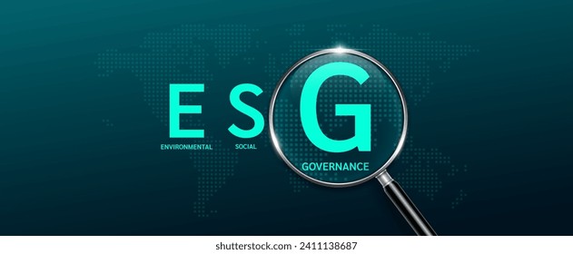 Magnifying glass look letter G green with world map. ESG of environmental, social, and corporate governance. Sustainable corporation development and planning business strategy. Banner vector.