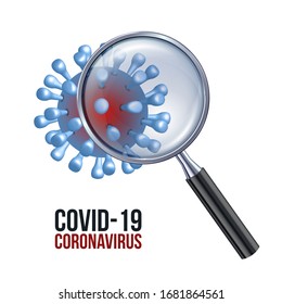 Vidrio de aumento a través del coronavirus novedoso COVID-19. Vidrio de aumento que busca Coronavirus aislado en fondo blanco. Epidemia global del coronavirus 2019-nCov