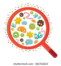 Magnifying Glass look through Germ, Bacteria, Virus, Microbe, Pathogen Characters