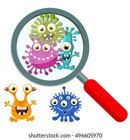 Magnifying Glass look through Germ, Bacteria, Virus, Microbe, Pathogen Characters. Cartoon, fun for children characters. Vector illustration