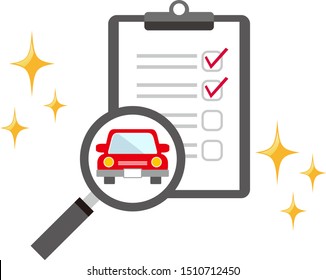 Magnifying glass looking at car with clipboard. Car illustration assessment.