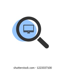 Magnifying glass looking for a computer isolated web icon.