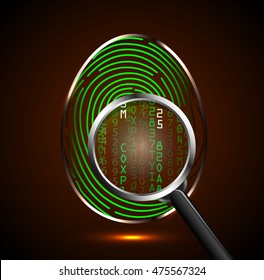 Magnifying glass looking at a fingerprint and showing binary code .Vector illustration