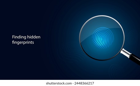 Magnifying glass looking at fingerprints On a blue background, technology in scientific forensics, DNA, forensics.	