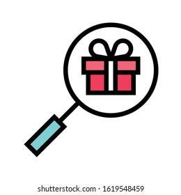 Magnifying glass looking at Gift box vector illustration, filled design icon