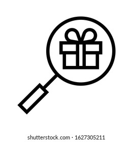 Magnifying glass looking at Gift box vector illustration, line design icon
