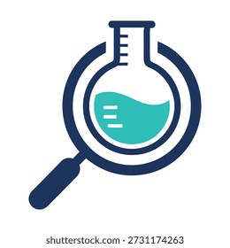 Magnifying glass looking at a laboratory flask with green liquid inside science concept icon