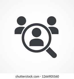 Magnifying glass looking for people icon, employee search symbol concept, headhunting, staff selection, vector illustration. Job search icon.