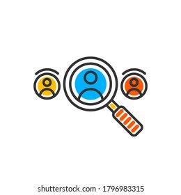 Magnifying glass looking for people icon. Employee search symbol concept. Vector color icon.