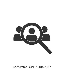 Magnifying glass looking for people icon, employee search symbol concept, headhunting, staff selection, vector illustration. Job search icon.