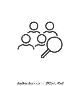 Magnifying glass looking for people icon, employee search symbol concept, headhunting, staff selection, vector illustration. Job vacancy search icon.