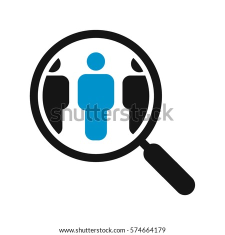 Magnifying glass looking for people icon, employee search symbol concept, headhunting, staff selection, vector illustration