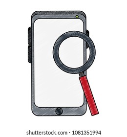 Magnifying glass looking smartphone scribble