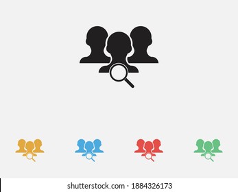 Wunderbares Glas auf der Suche nach Benutzern Symbol. Symbol für die Mitarbeitersuche. Benutzer mit Suchsymbol. Personalauswahlzeichen. Set von bunten Design-Symbolen