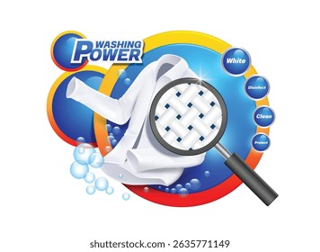 magnifying glass is looking and zooming in on white long-sleeved shirt to show details of fabric fibers for designing an advertisement for white fabric cleaner or bleach product, vector 3d isolated