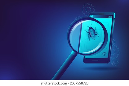 The magnifying glass looks for bugs in the mobile application. Vector illustration on the topic of mobile development and testing. Template for a horizontal banner.