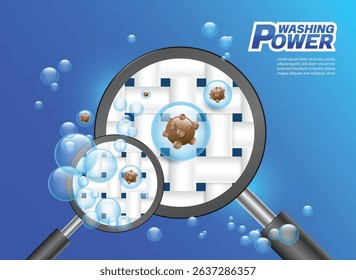 A magnifying glass looks into and zooms in on white fabric fibers, showing the bubbles of bleach removing dirt or germs from the fabric, vector 3d illustration for advertising laundry detergent