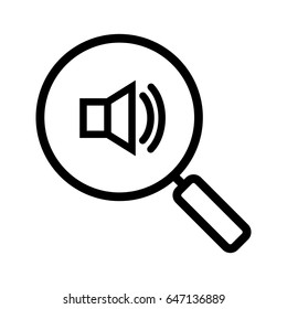 Magnifying glass with loudspeaker linear icon. Thin line illustration. Sound on contour symbol. Vector isolated outline drawing