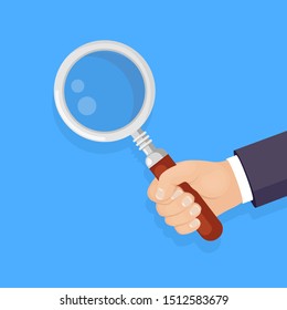 Magnifying glass, loupe in hand isolated on background. Business man hold magnify. Vector flat design 