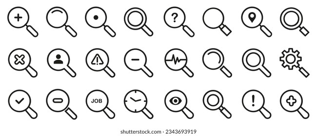 Magnifying glass loupe icon collection. Set of black magnifying glass signs. Search, zoom, look, find symbol collection