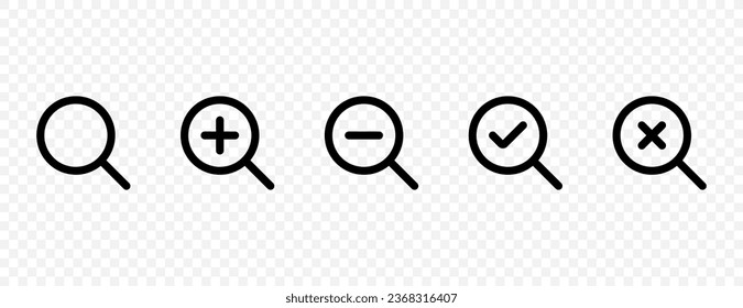 Magnifying glass loupe icons set. Search check, cross, zoom plus and minus symbols. Search magnifier sign. Vector EPS 10