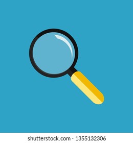 Magnifying glass or loupe isolated. Yellow handheld loupe. Blue background. Find detail. Flat style. EPS 10