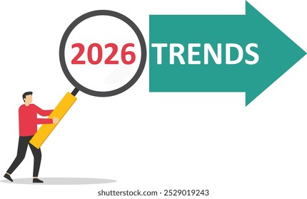 Magnifying glass magnifies 2026 trends. Modern vector illustration in flat style

