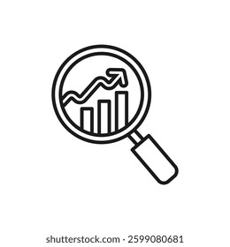 Magnifying glass magnifies an upward trending bar graph, suitable for financial analysis, data analysis, market research, growth strategy concepts.