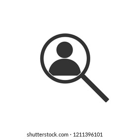 Magnifying glass with man inside. Vector illustration, flat design.