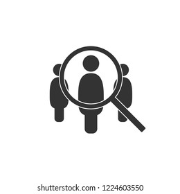 Magnifying glass with man inside. Vector illustration, flat design.