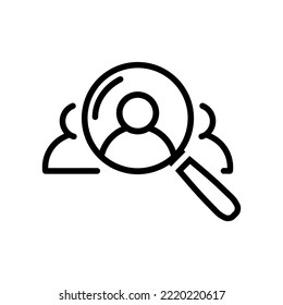 Magnifying glass with man line icon. Search man symbol on white. Simple outline abstract search man icon in black. Flat design. Vector illustration for graphic design, logo, Web, UI, mobile app.