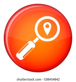 Magnifying glass and map location icon in red circle isolated on white background vector illustration