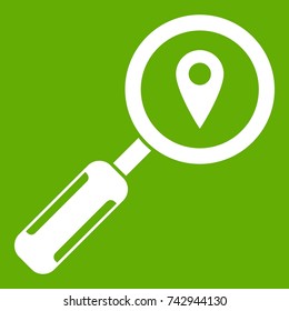 Magnifying glass and map location icon white isolated on green background. Vector illustration