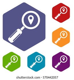 Magnifying glass and map location icons set rhombus in different colors isolated on white background