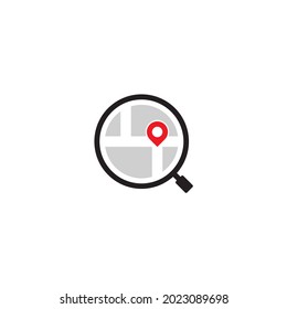 Ampliación del logotipo de vidrio, mapa y marca de ubicación o diseño de iconos