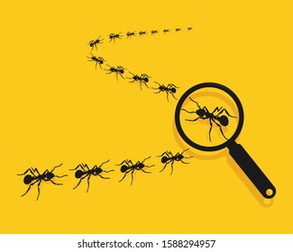 Magnifying glass with marching ants over yellow background. Vector flat illustration.