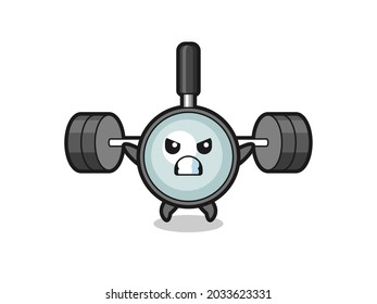 magnifying glass mascot cartoon with a barbell , cute style design for t shirt, sticker, logo element