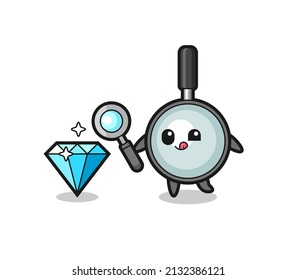 la mascota de vidrio de aumento está revisando la autenticidad de un diamante , diseño de estilo lindo para camiseta, pegatina, elemento logo