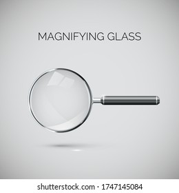 Magnifying glass with metal frame and black handle. Realistic style illustration. Vector