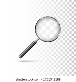 Magnifying glass with metal frame and black handle. Realistic style icon. Vector illustration isolated on transparent background