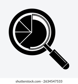 A magnifying glass meticulously examines a pie chart, offering a visual representation of data analysis. The design uses a black and white color scheme, creating a clean and professional look.