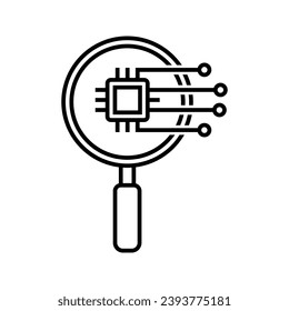 lupa de vidrio con procesador de microchip, ilustración de icono de búsqueda de inteligencia artificial vector