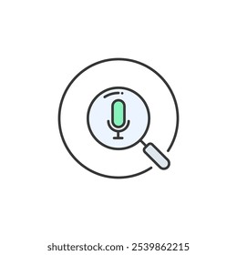 a magnifying glass with a microphone inside, symbolizing the concept of voice search. Integration of voice recognition technology in search functionalities, showcasing innovation in user interaction.