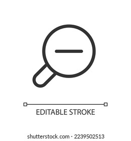 Magnifying glass with minus for map pixel perfect linear ui icon. Magnifier tool. Zoom out. GUI, UX design. Outline isolated user interface element for app and web. Editable stroke. Arial font used
