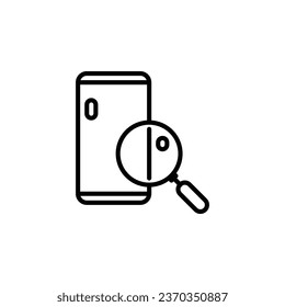 Magnifying glass with a mobile phone outline icon. Vector illustration. The isolated icon suits the web, infographics, interfaces, and apps.