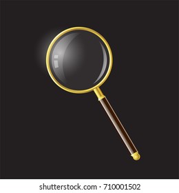 Magnifying glass - modern vector realistic isolated object illustration on black background. High quality clip art. Golden and brown hand loupe, enlarging lens, reader as a symbol of search