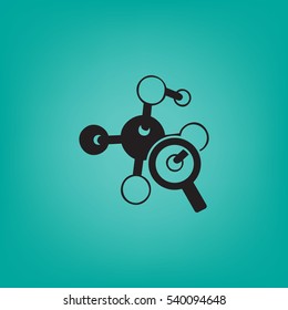 Magnifying glass and molecula. Flat icon. Vector illustration